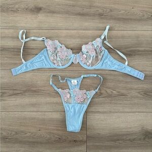 Floral Embroidered Lingerie Set in Light Blue and Pink